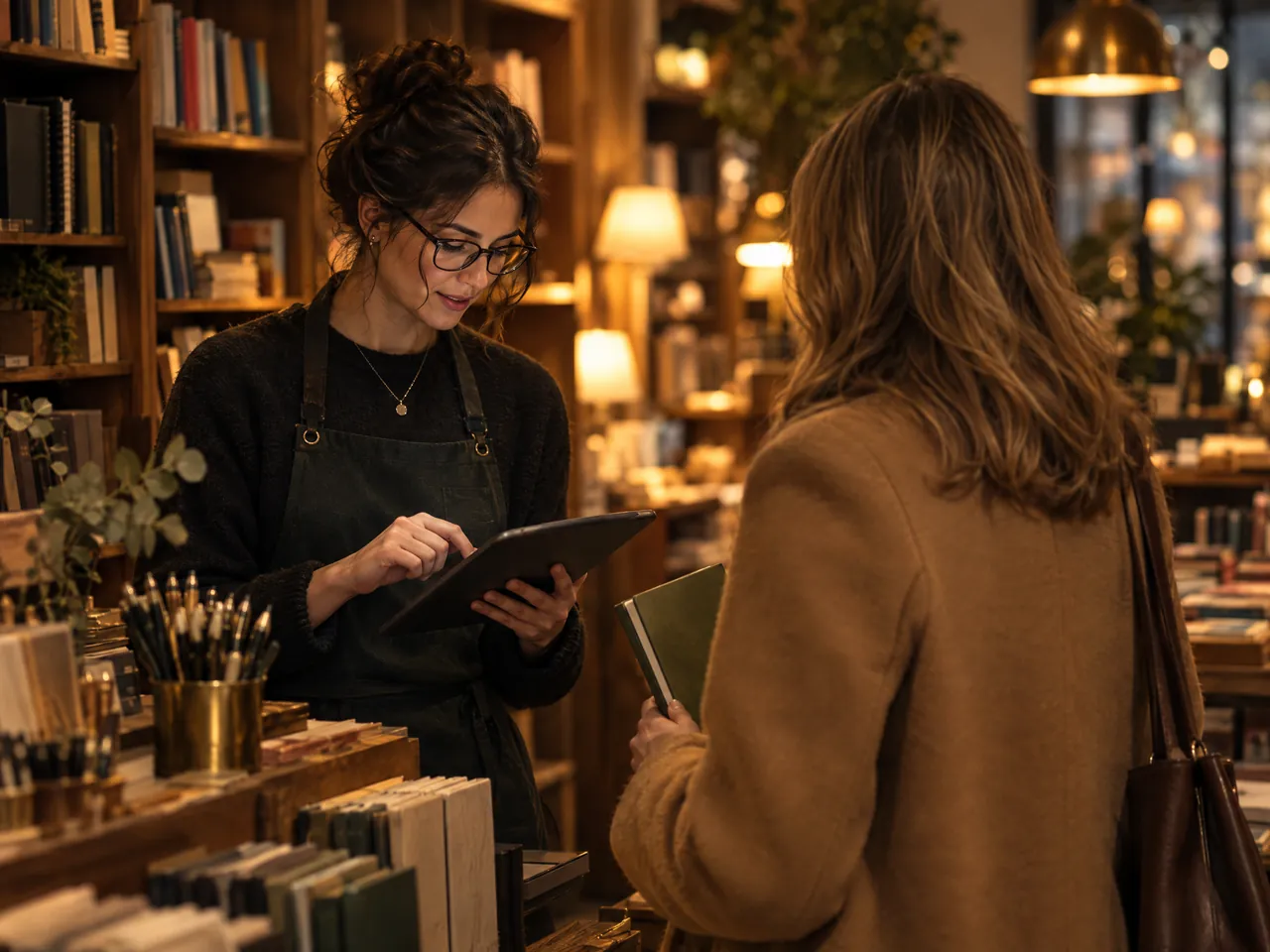A bookshop assistant checks a tablet to answer a customer holding a notebook