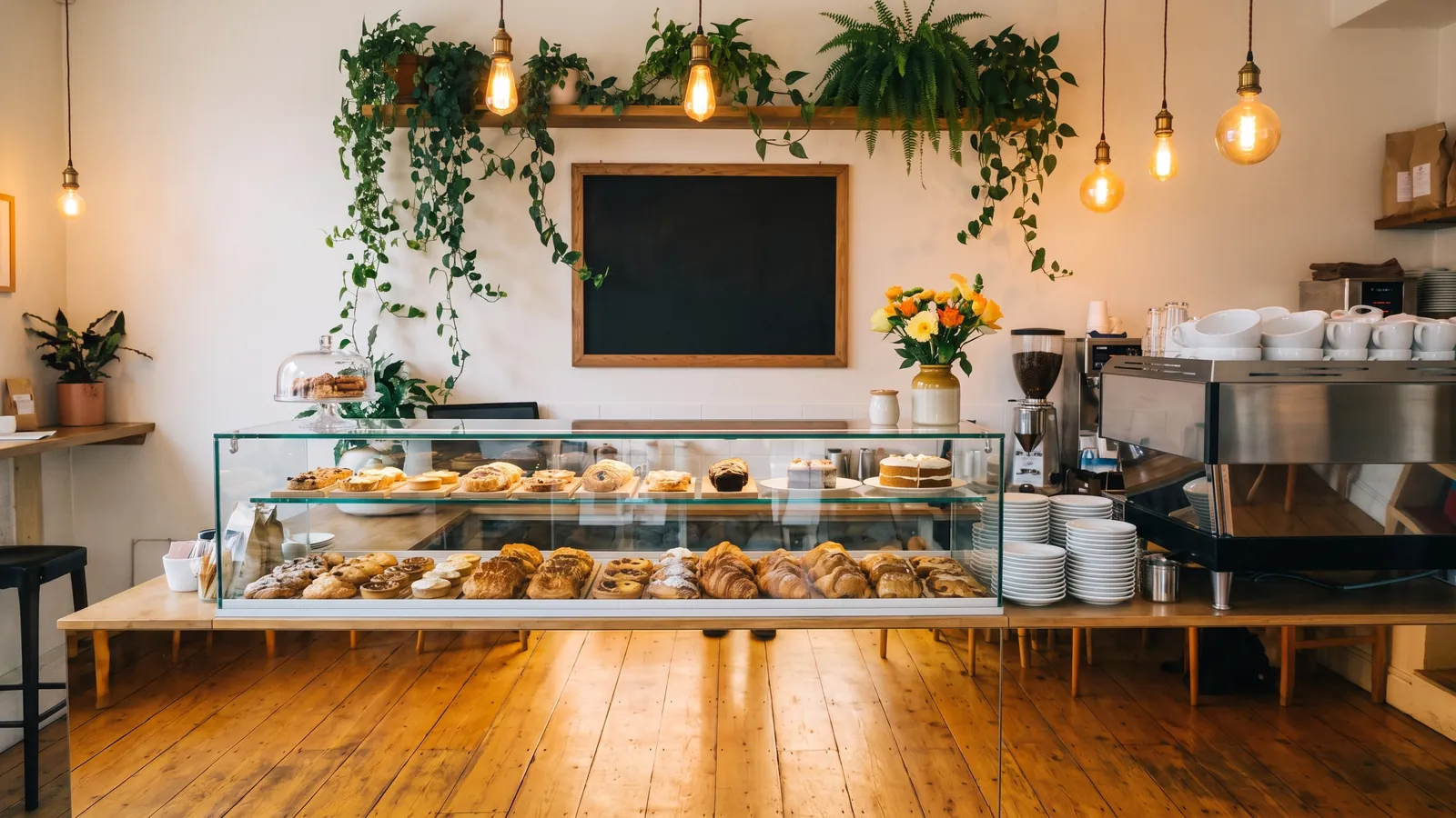 A tidy café counter with a full cake cabinet, fresh flowers and every light working