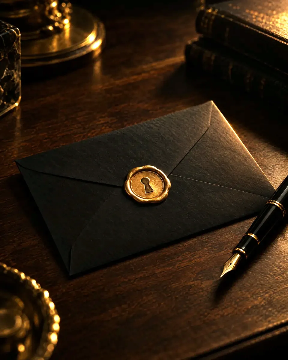 A black envelope sealed with a gold wax seal stamped with a keyhole, beside a fountain pen