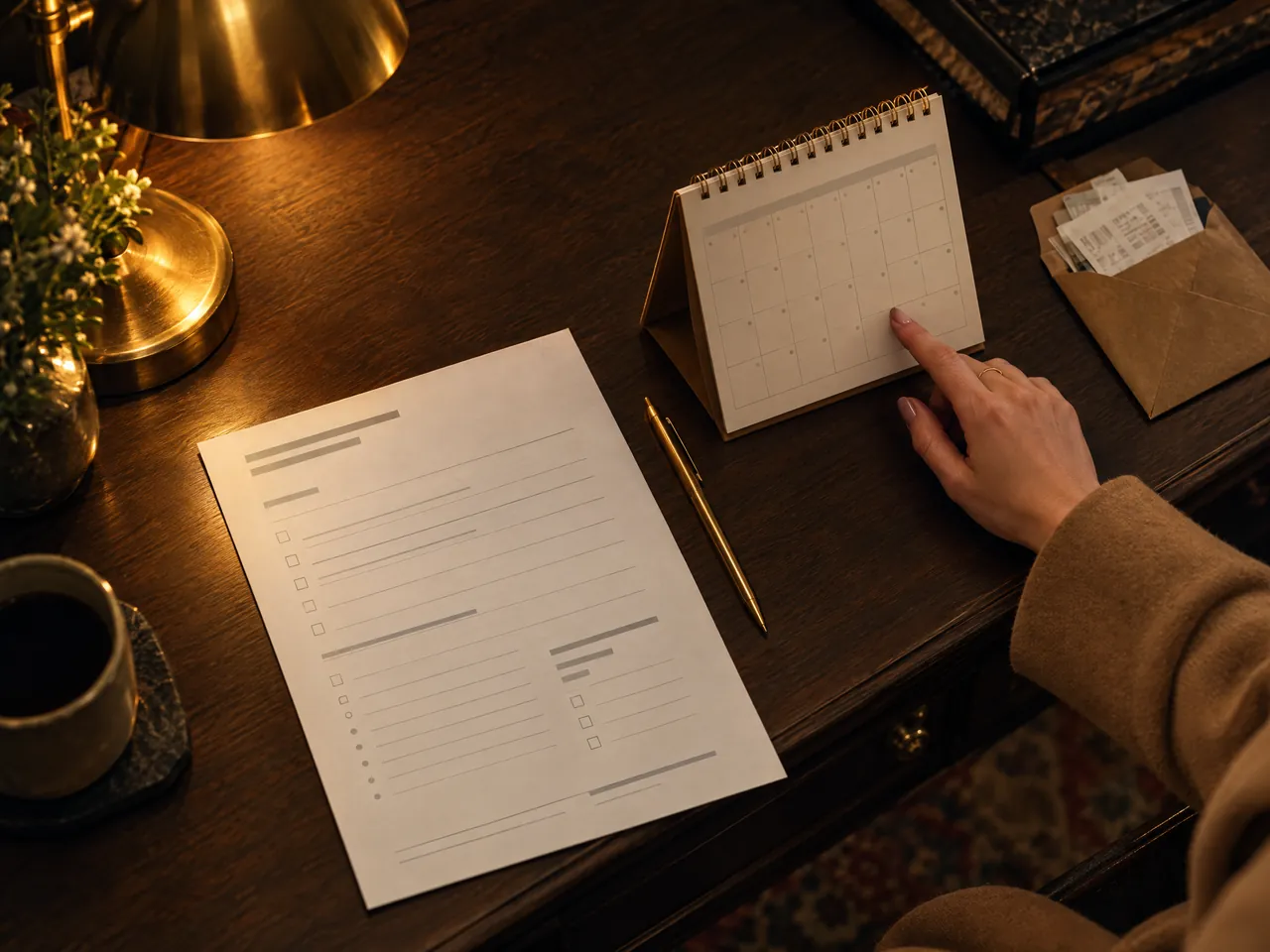 A printed visit brief, desk calendar and envelope of receipts on a walnut desk