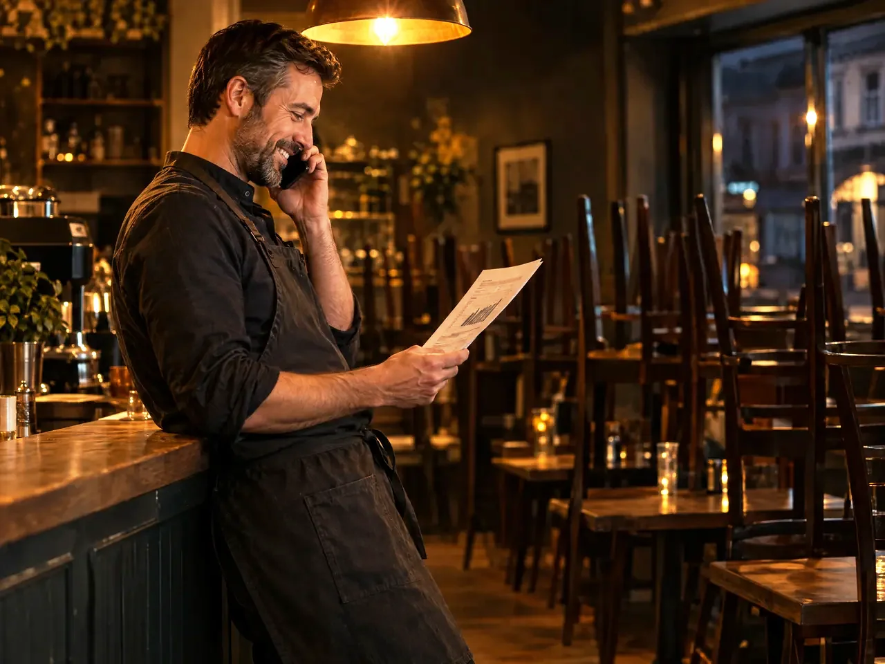 A café owner leans on his counter after closing, on the phone, holding the report