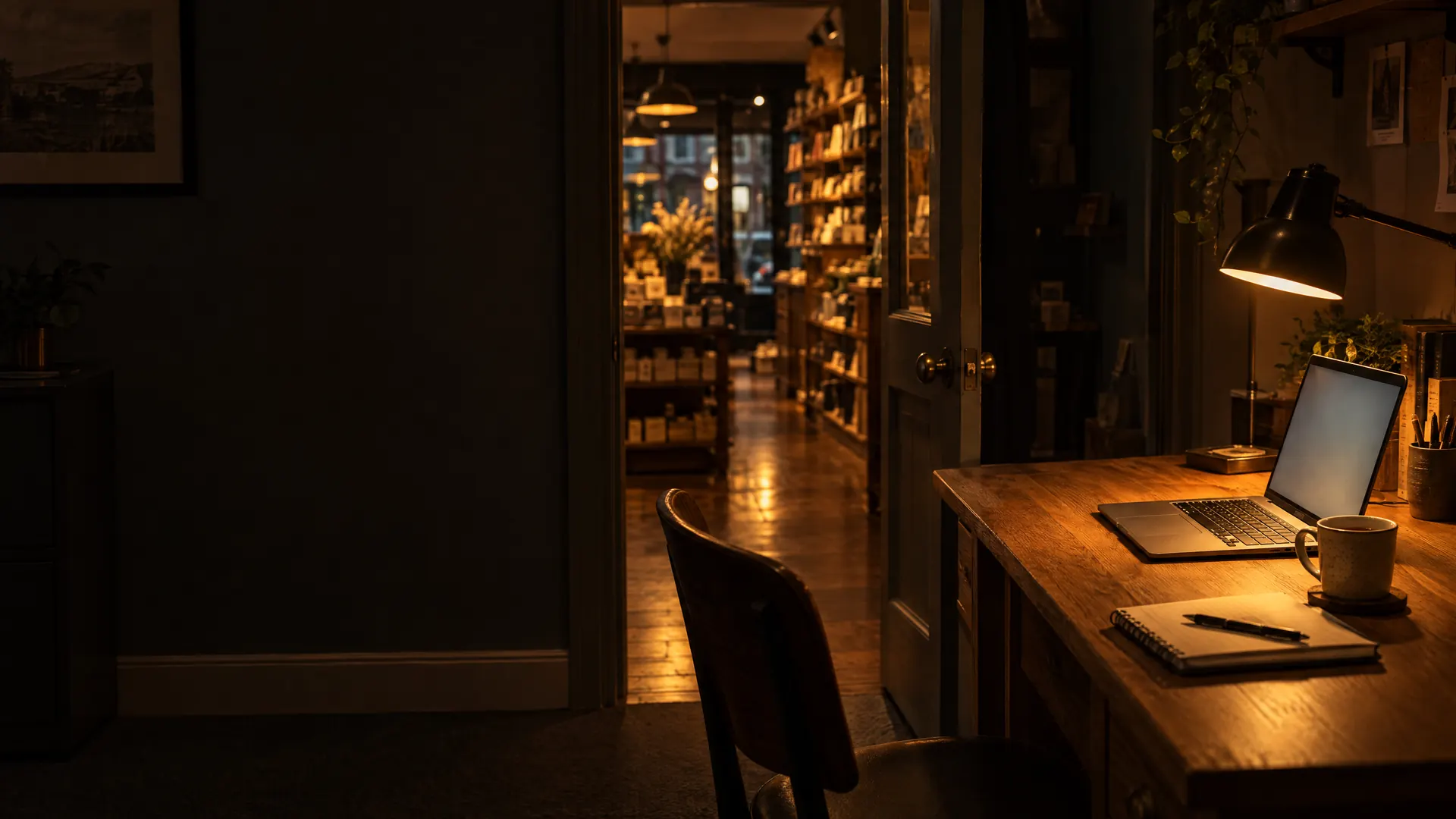The back office of a shop after closing, a laptop and notebook lit by a desk lamp, the dark shop floor beyond