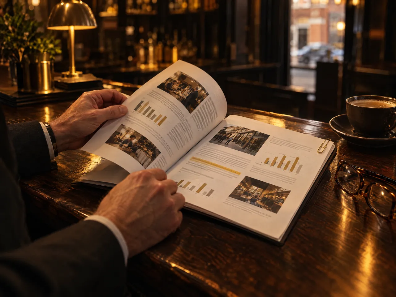 An owner turns the pages of a bound report with photographs and charts