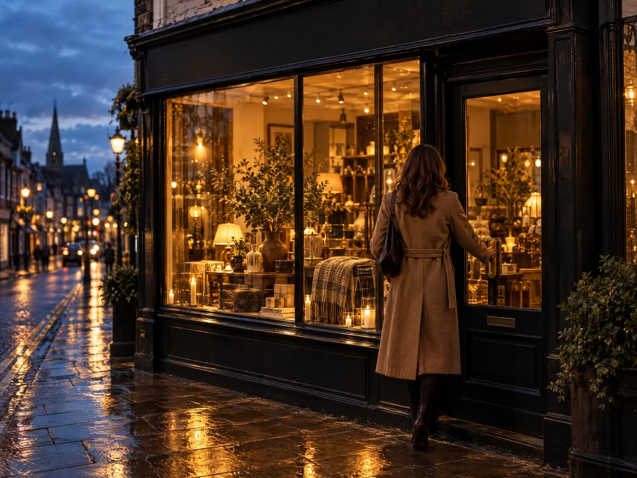 A woman reaches for the door of a softly lit independent shop on a wet high street at dusk