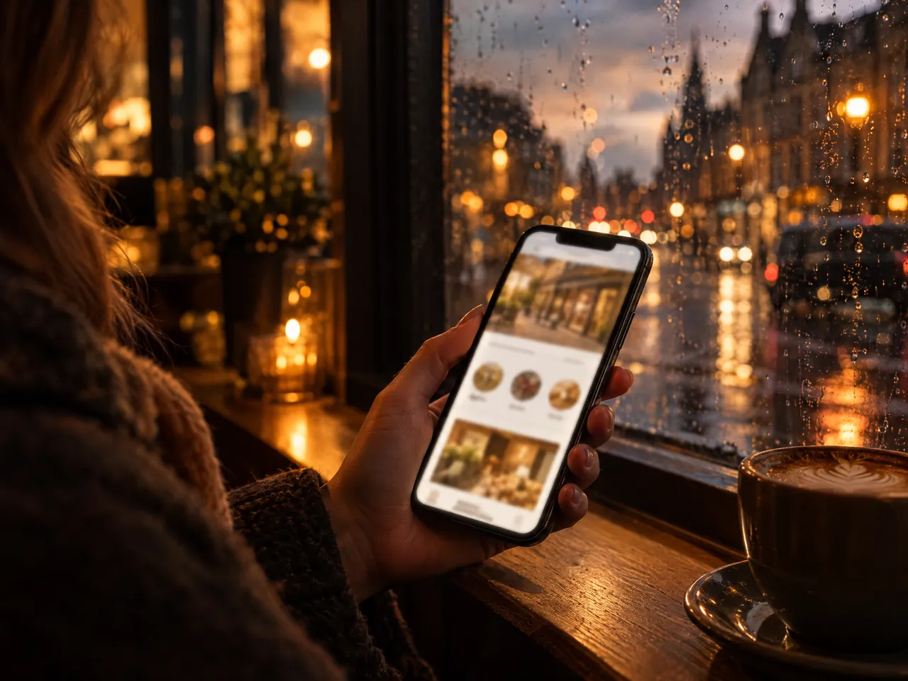 A hand holds a phone showing a local business website at a rainy café window