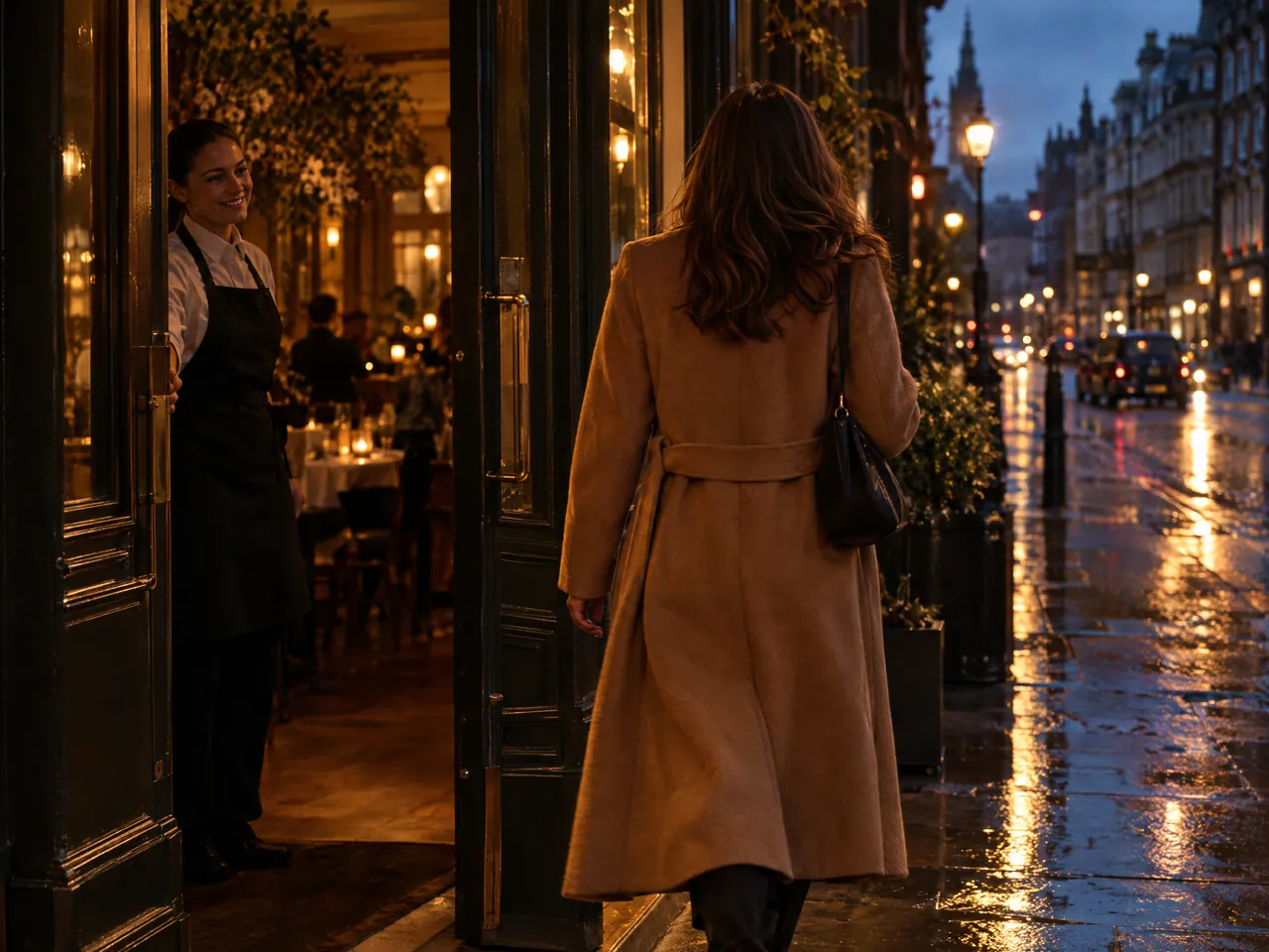 A customer steps out of a restaurant into the dusk as a member of staff holds the door and smiles goodbye