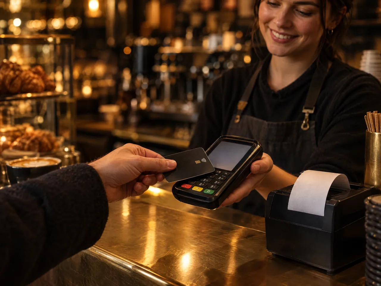 A customer taps a card on a reader held out by a smiling barista as a receipt prints