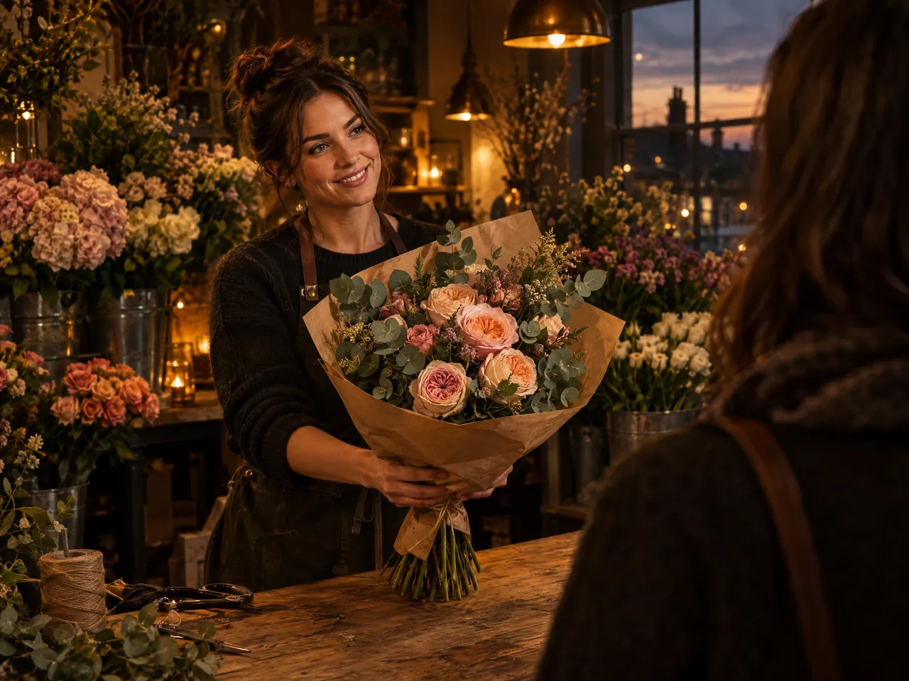 A florist holds up a wrapped bouquet of roses to show a customer across the counter