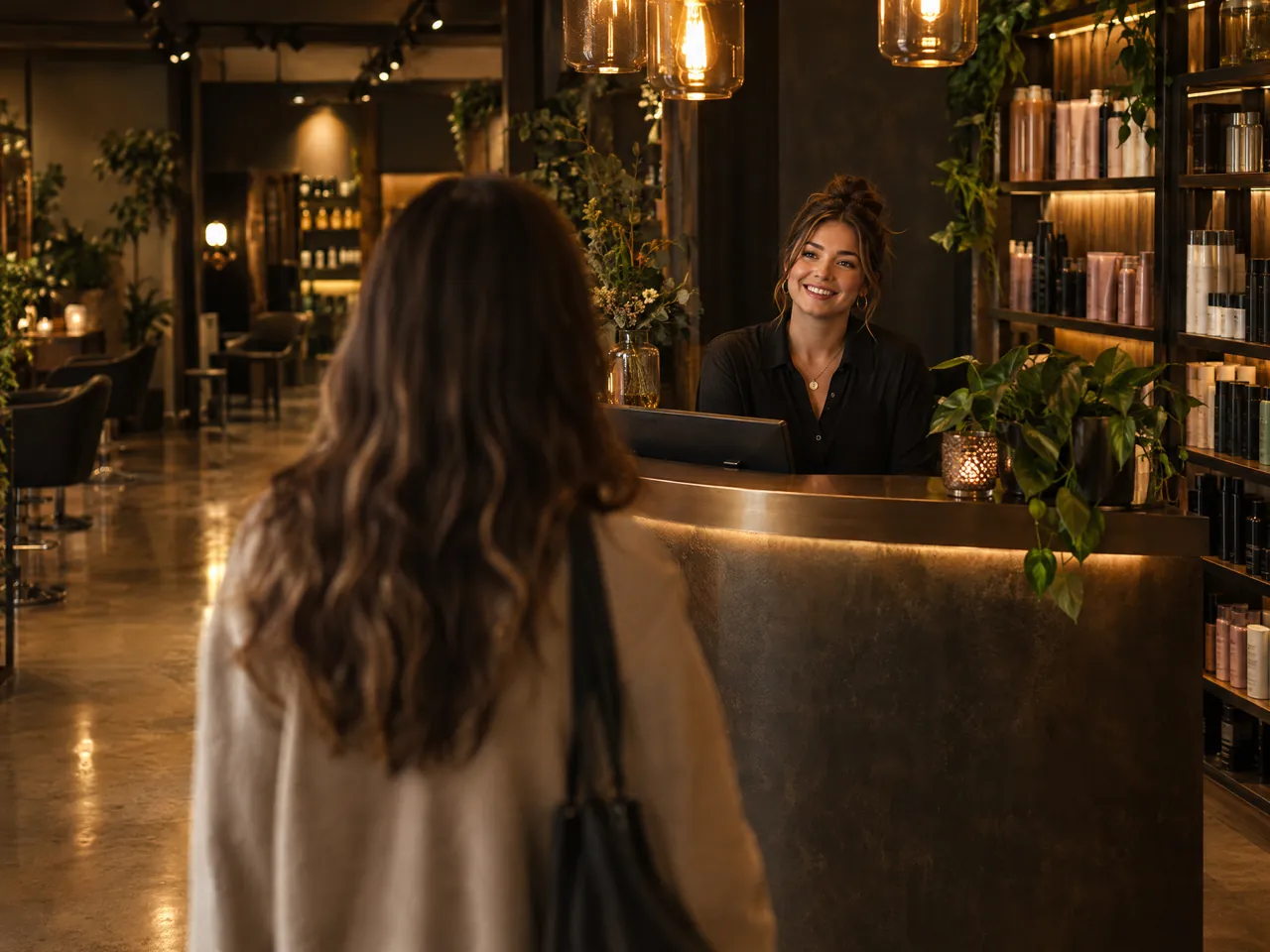 A salon receptionist looks up from the front desk to welcome an arriving customer