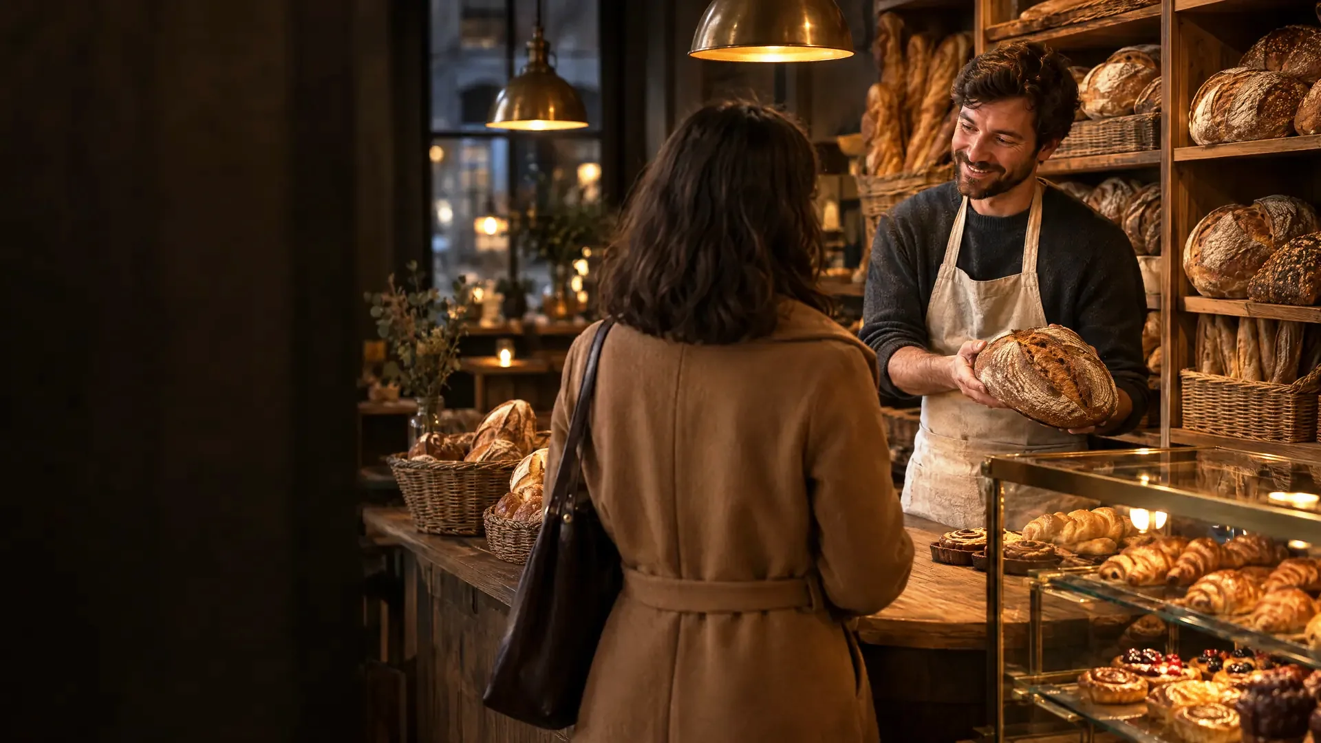 A customer in a camel coat stands at a bakery counter as the smiling baker holds up a fresh loaf for her