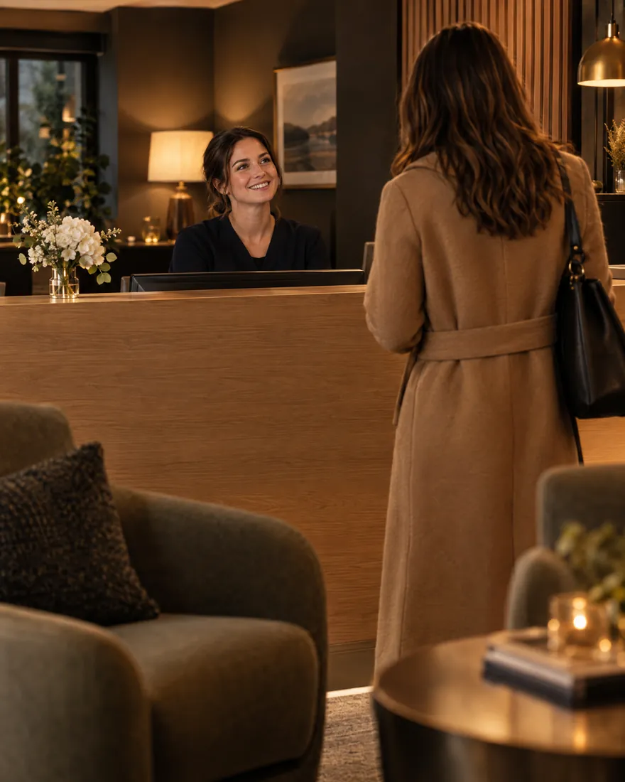 A dental receptionist smiles as a patient arrives at the desk