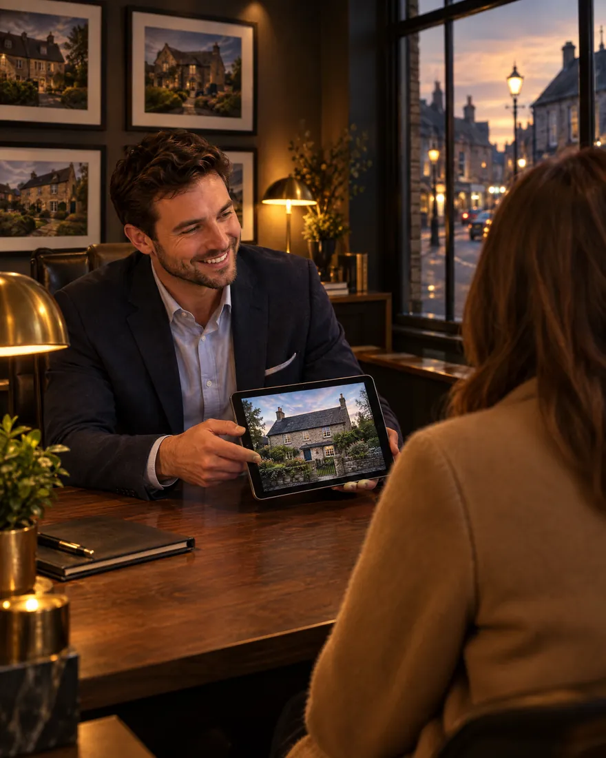 An estate agent shows a client a stone cottage on a tablet