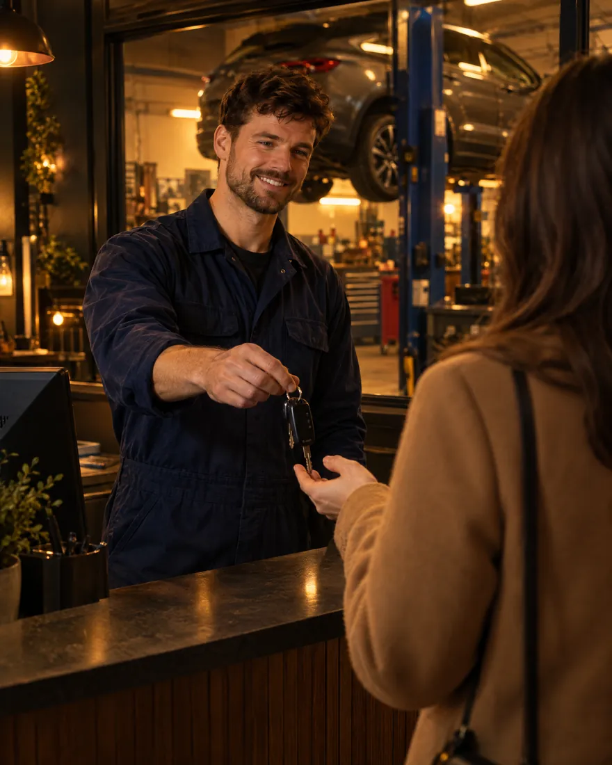 A mechanic hands car keys back to a customer across the desk
