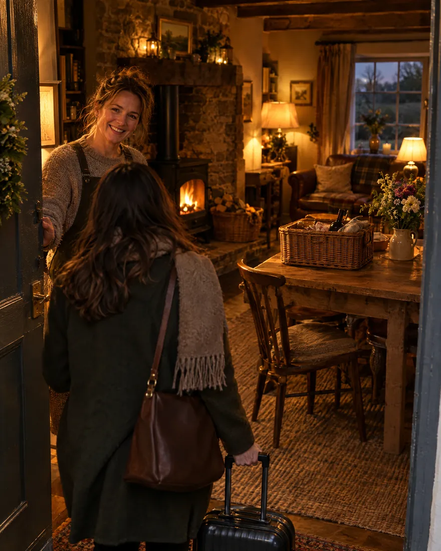 A cottage owner holds the door open for a guest with a suitcase