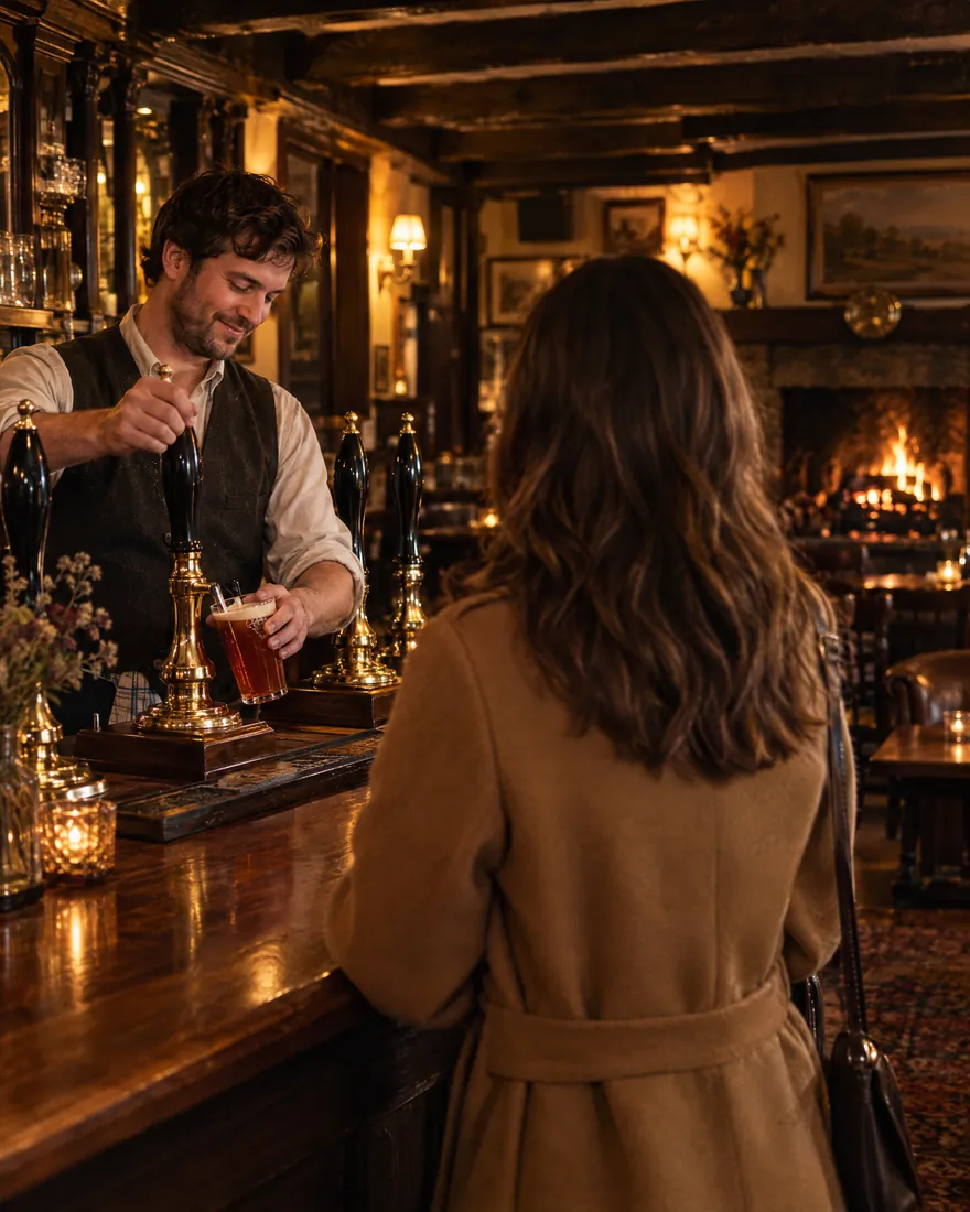 A bartender pulls a pint for a customer at a polished bar, a log fire behind