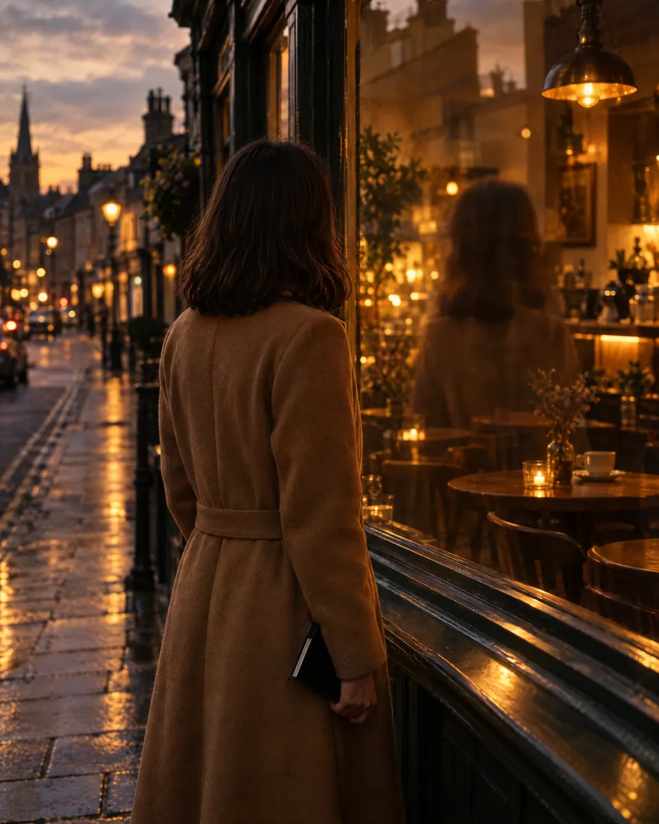 A woman in a camel coat looks into the warm window of a café on a quiet high street at dusk